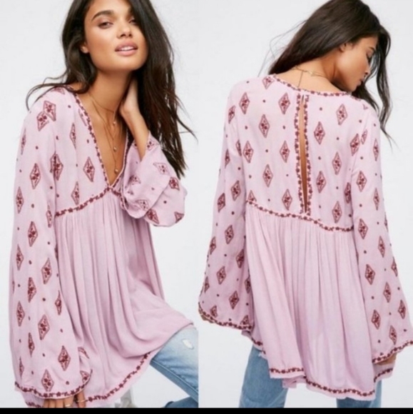 Free People Tops - Free People Embroidered Bell Sleeve Keyhole Boho Bohemian Flowy Top Shirt